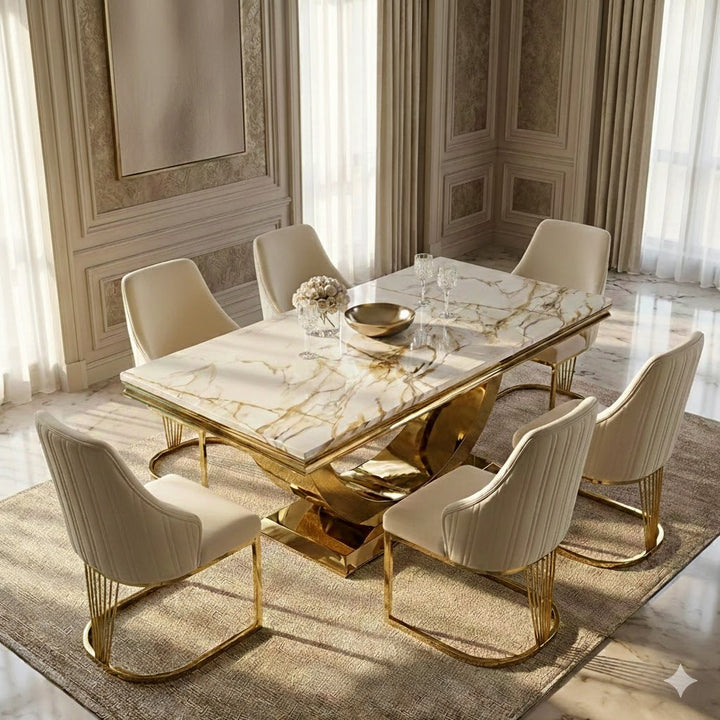 Arial Marble & Gold Dining Table With Carlton Dining Chairs Gold Legs