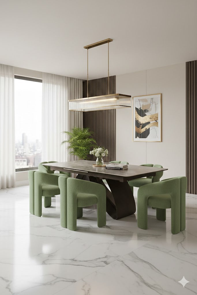 Carra 120-150cm Grey/Gold Ceramic Marble Extending Dining Table With Oscar Scroll Back Velvet Chairs