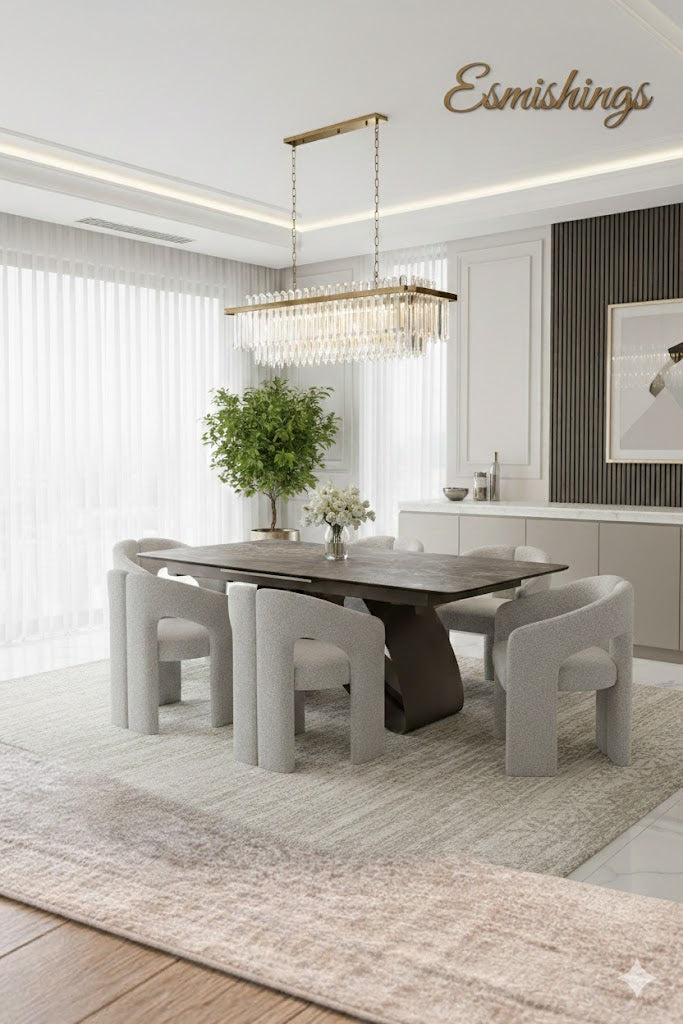 Carra 160-200cm Grey/Gold Ceramic Marble Extending Dining Table With Oscar Scroll Back Velvet Chairs