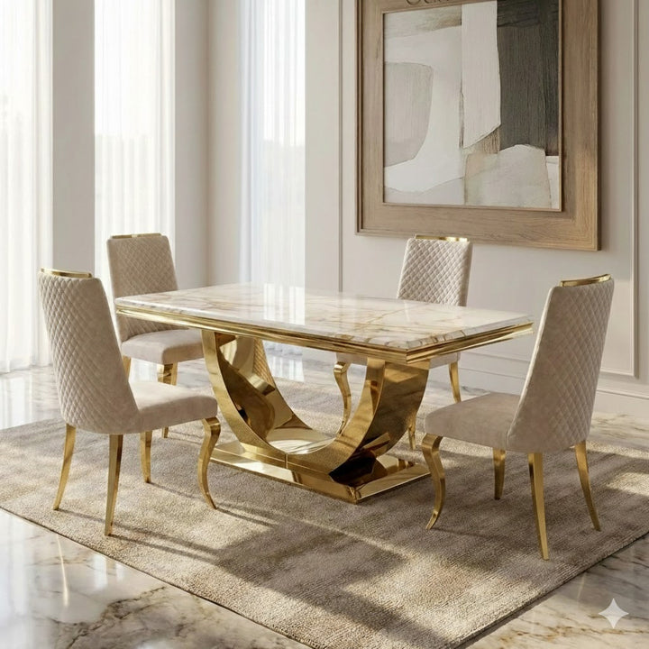 Arial Marble & Gold Dining Table With Roxby Cream Gold Velvet Dining Chairs Gold Legs