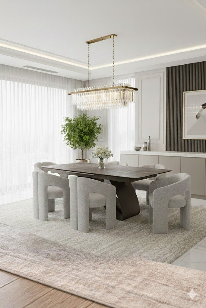 Carra 160-200cm Grey/Gold Ceramic Marble Extending Dining Table With Oscar Scroll Back Velvet Chairs
