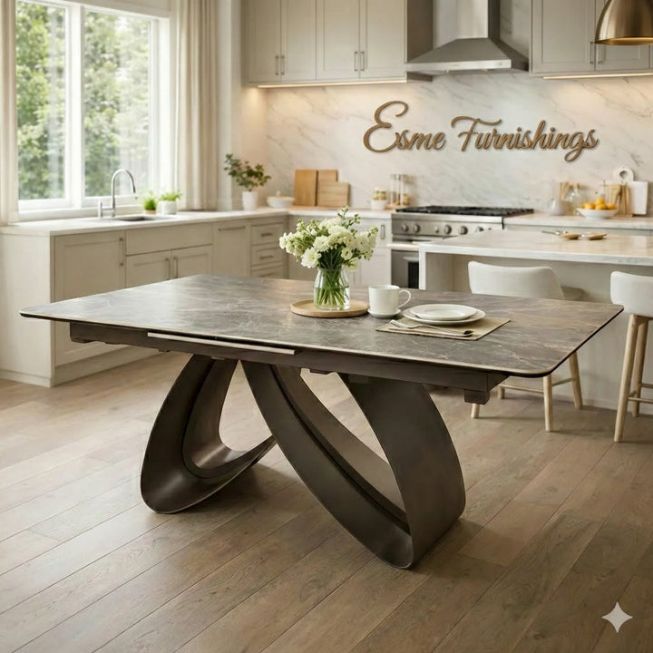 Carra 160-200cm Grey/Gold Ceramic Marble Extending Dining Table With Oscar Scroll Back Velvet Chairs