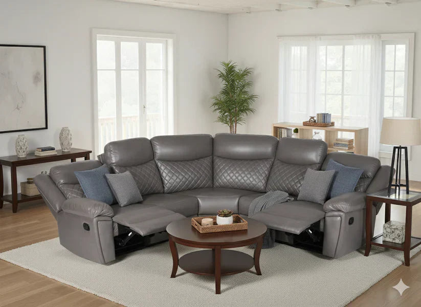 Maya Grey PU Leather Corner Quilted Recliner Sofa