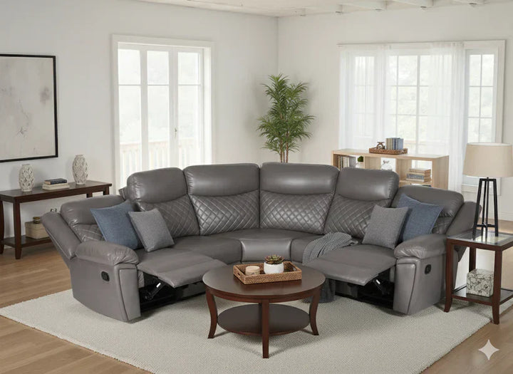Maya Grey PU Leather Corner Quilted Recliner Sofa