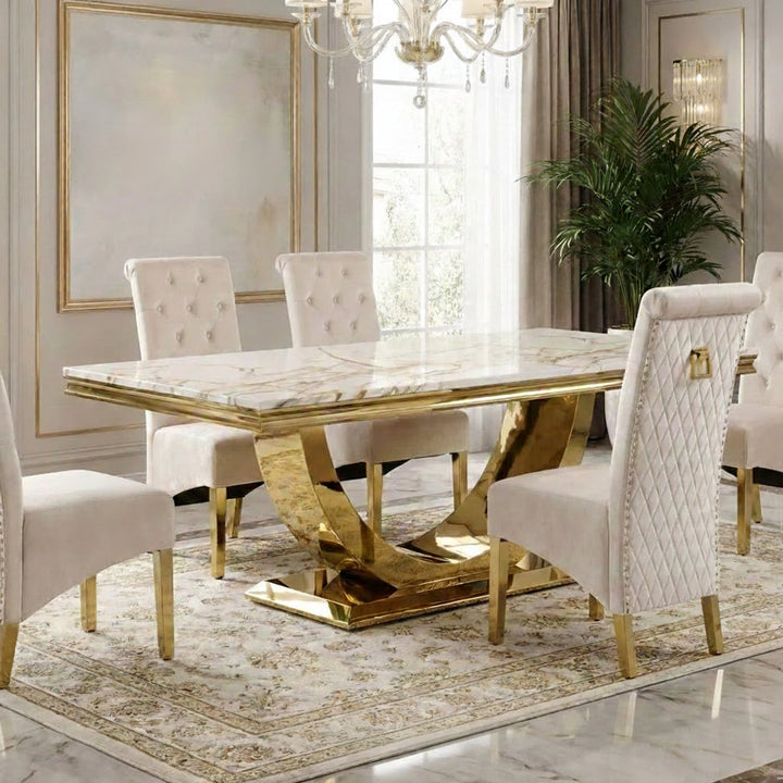 Arial Marble & Gold Dining Table With Lucy Ring Knocker Dining Chairs Gold Legs