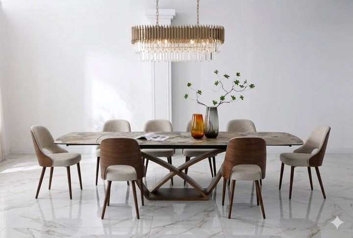 Lavish 200-300cm Italian Pandora Ceramic Marble Side Extending Dining Table With Milo Walnut Wooden Dining Chairs
