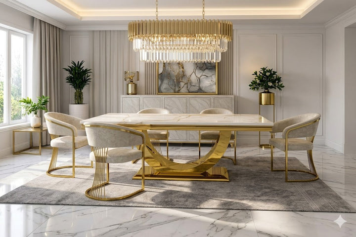 Arial Marble & Gold Dining Table With Porto Velvet Dining Chairs Gold Legs
