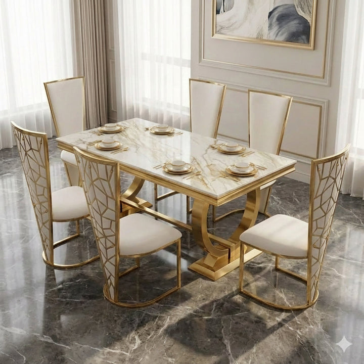Arianna 160cm Marble & Gold Dining Table With Florence High Back Dining Chairs Gold Legs