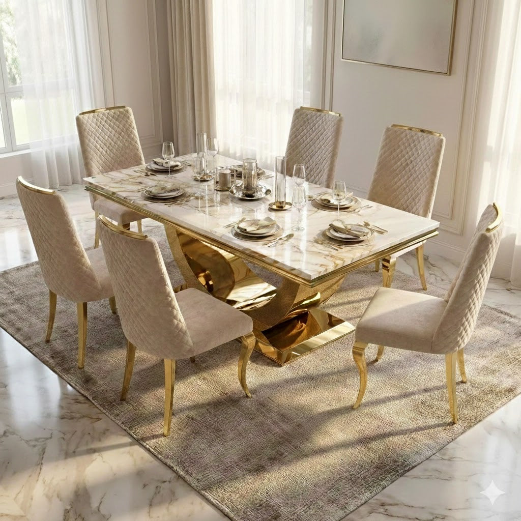 Arial Marble & Gold Dining Table With Roxby Cream Gold Velvet Dining Chairs Gold Legs