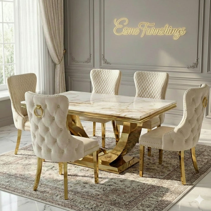 Arial Marble & Gold Dining Table With Victoria Quilted Ring Knocker Dining Chairs Gold Legs