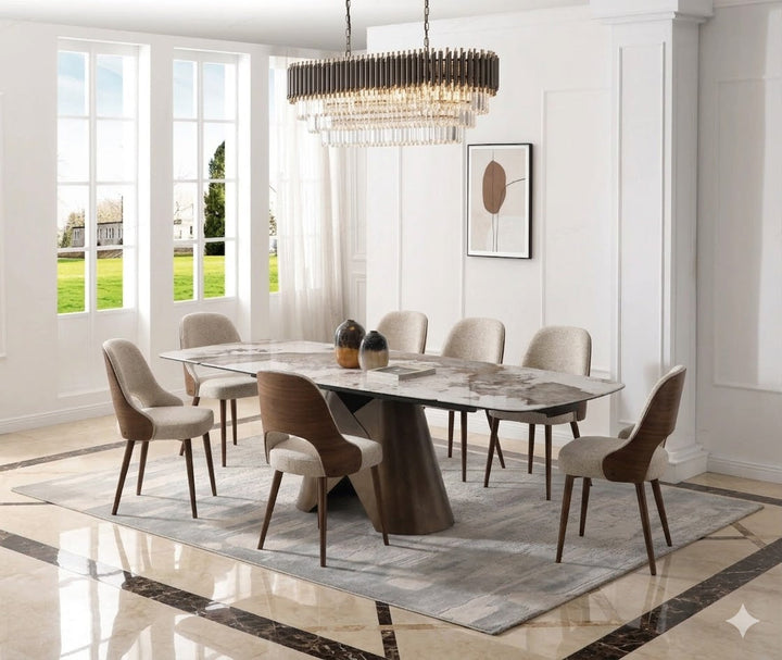 Feretti 180-260cm Italian Pandora Ceramic Marble Side Extending Dining Table With Milo Walnut Wooden Dining Chairs