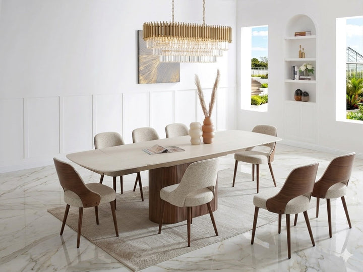 Ginevra 180-260cm Italian Walnut & White Travertine Ceramic Marble Side Extending Dining Table With Milo Walnut Wooden Dining Chairs