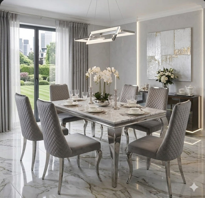 Louis Marble & Chrome Dining Table With Roxy Grey Velvet Chairs