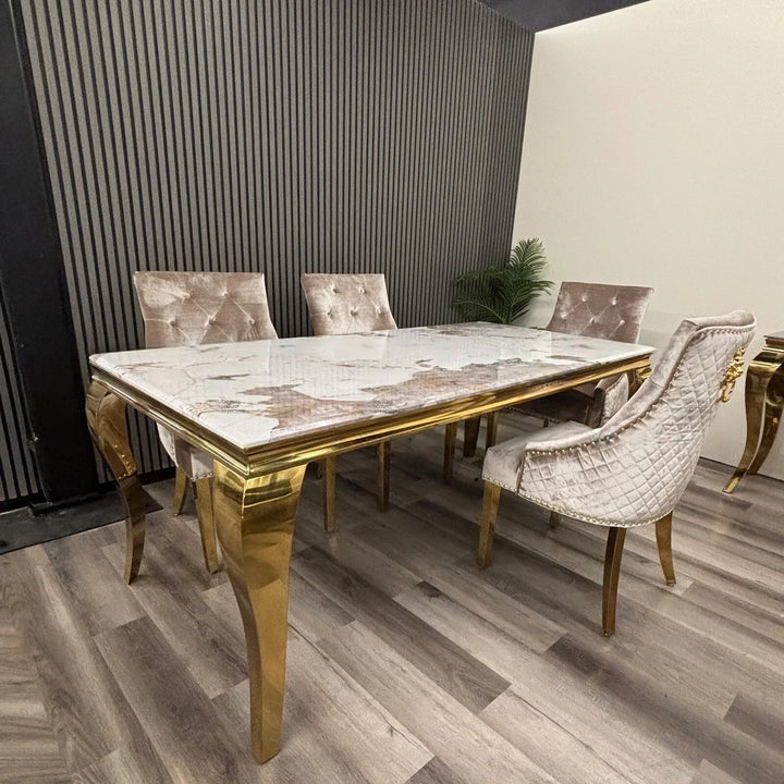 Louis Pandora Gold Marble Dining Table With Gold Lion Knocker Dining Chairs